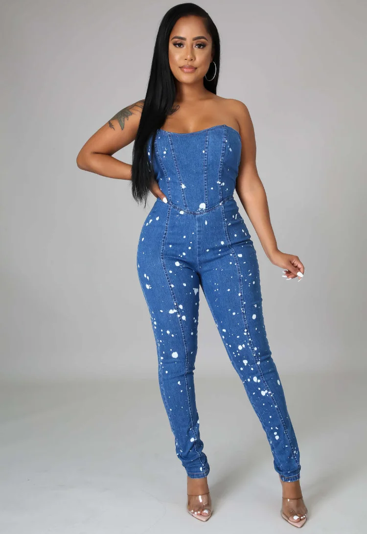 

KEXU Strapless Sexy Party Printed High Waist Jeans Jumpsuit for Women Autumn Winter Denim Skinny Long Pants Streetwear