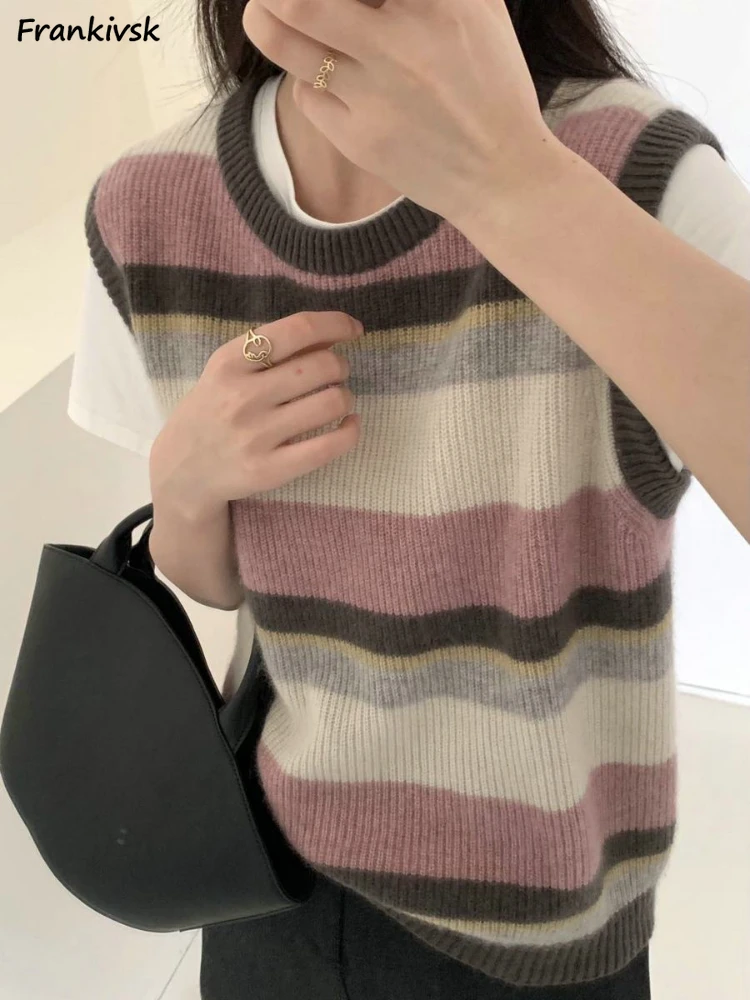 

Striped Sweater Vest Women Panelled Students Daily Autumn Korean Style Retro O-neck Female Sleeveless Knitted New Trendy Simple