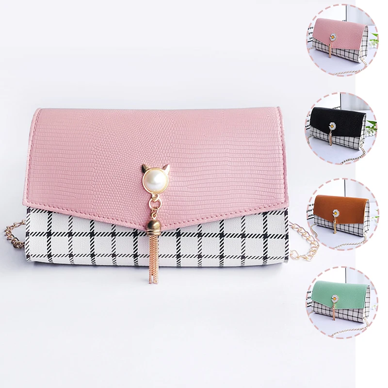 

Small Crossbody Bags for Women 2022 New Fashion Shoulder Plaid Bag PU Female Bag Adjustable Metal Chain Pearl Tassel Decoration