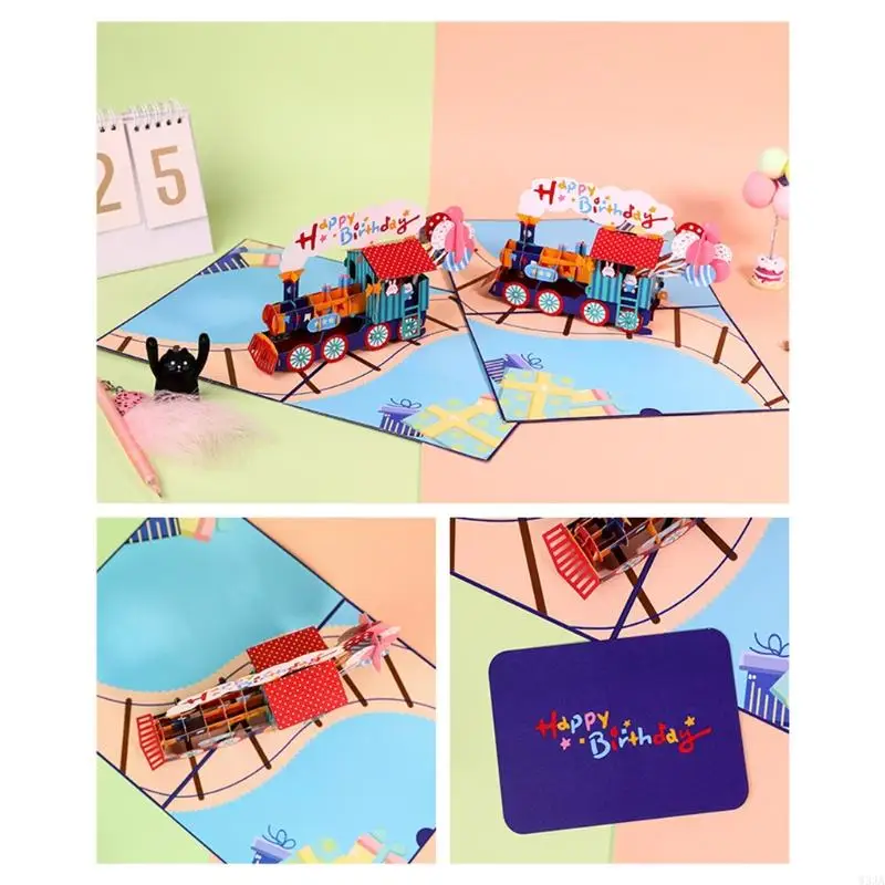 W3JA 3D Train Pop-Up Greeting Cards for Birthday New Year Postcards with Envelope