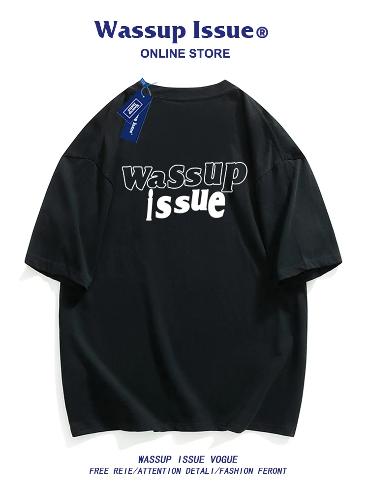 

WASSUP ISSUE Summer Fashion Brand Round Neck Minimalist Printed Short Men's American Loose Versatile 5/4 Sleeve T-shirt