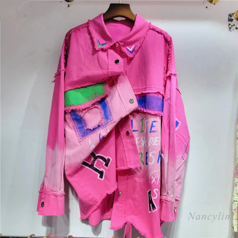 

2024 Spring and Autumn New Denim Jacket Shirt Washed and Worn Printed Casual Youth Stylish Loose Pink Jean Coat Women's Clothing