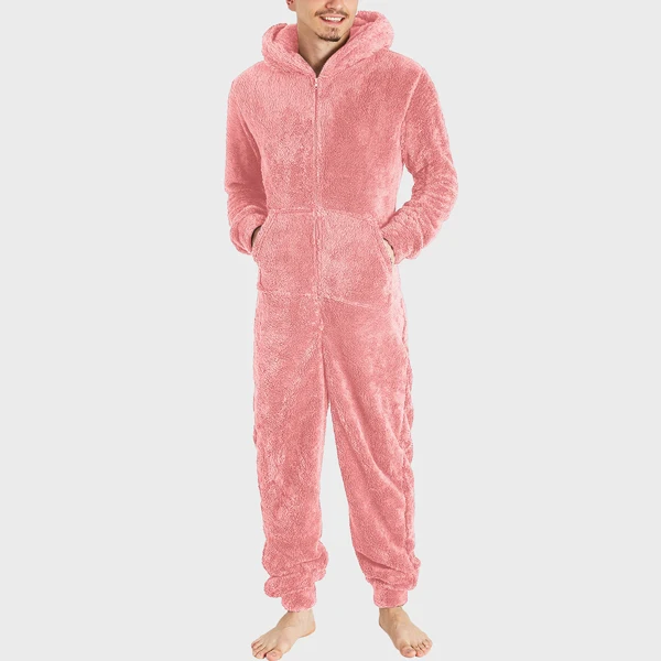 

Men Warm Woolen Solid Zipper One Piece Casual Long Sleeve Hooded Long Jumpsuit Sleepwear Fall Winter Lambwool Pajamas Bodysuits