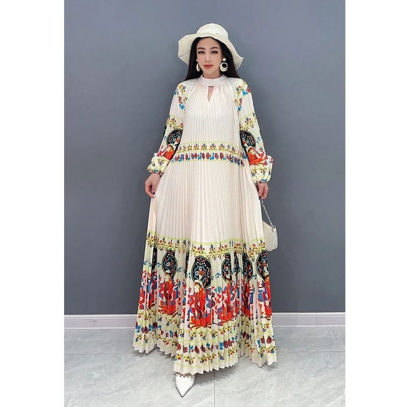 

2024 spring/summer new pleated dress long sleeve printed long skirt gorgeous elegant fashion loose large size women robe ete