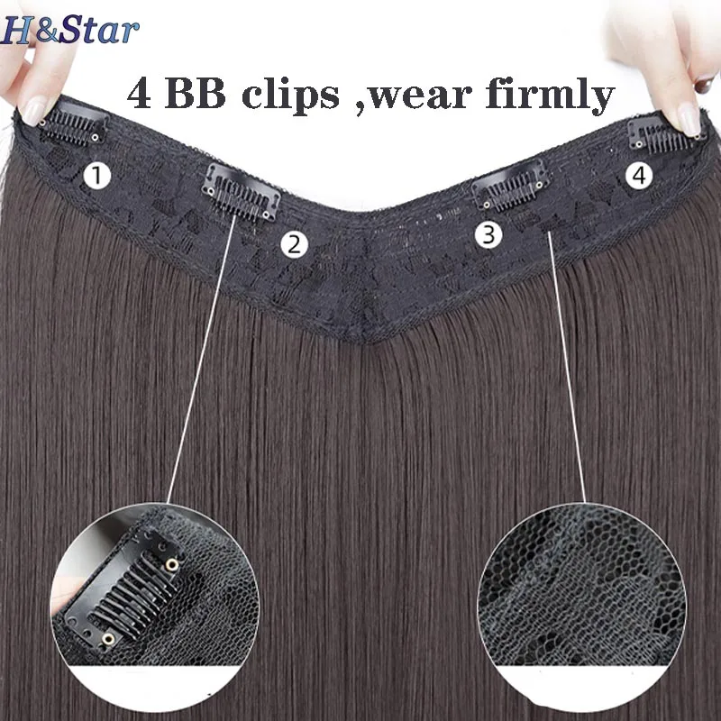 H&STAR 18Inch Long Synthetic Curly Wavy 4Clip One Piece V-shaped Clip in Hair Extensions Black Brown  Hairpieces for Women