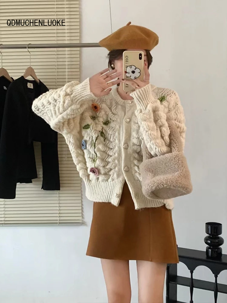 

Sweater Women's Clothing 2023 New Knit Autumn Winter Korean Style Fashion Loose Long Sleeved Top Coats O-neck Flowers Cardigan