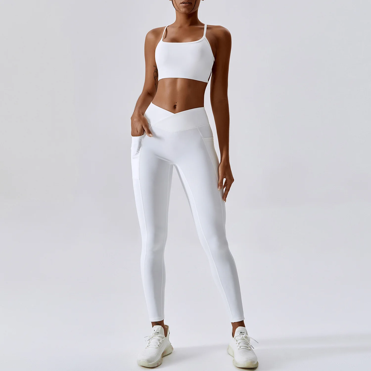 Summer 2023 Women's Workout Wear Yoga Fitness Set U Shaped Neck Line Thin  Straps Back Crossed Waist Side Patch Pockets Leggings