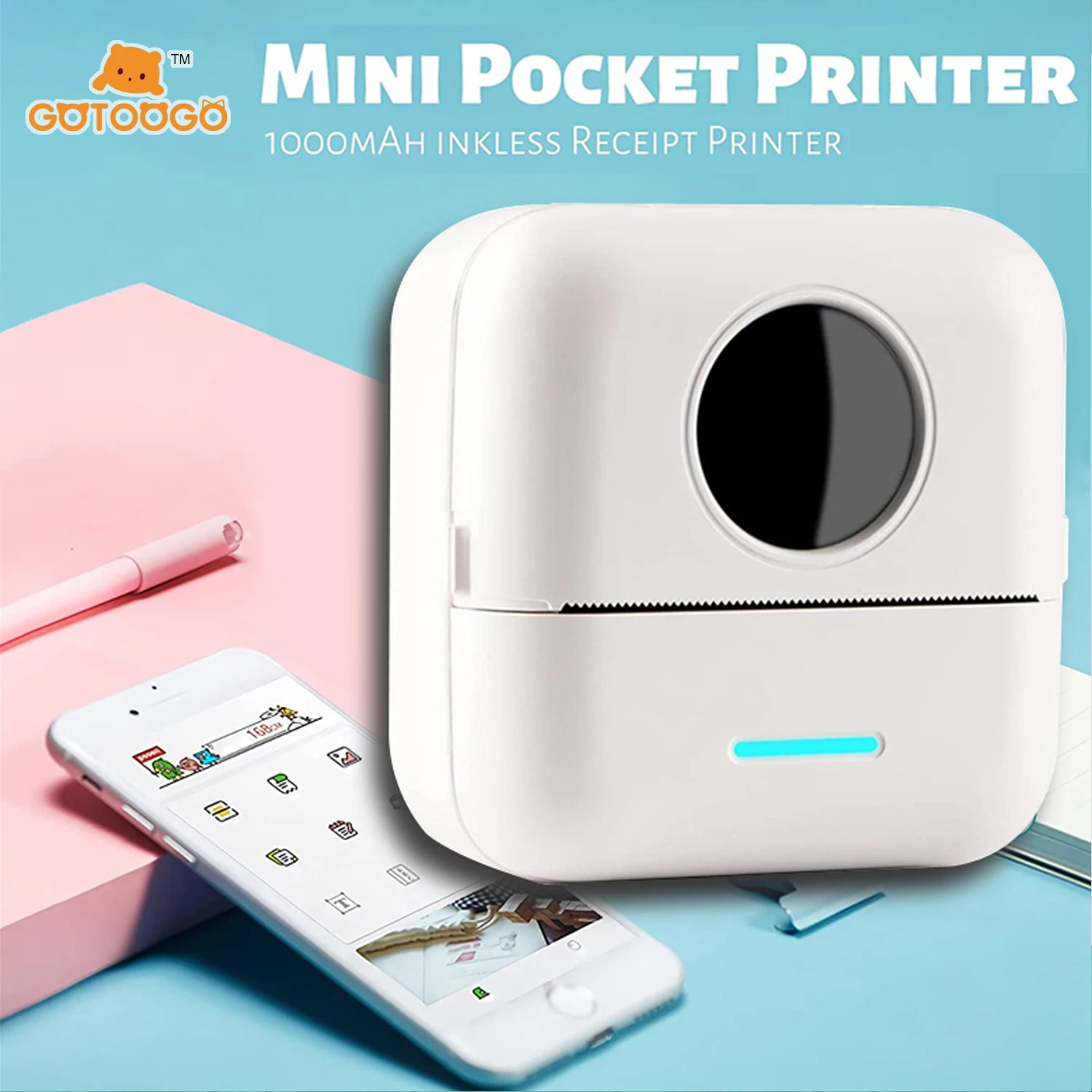 Pocket Printer Wireless BT Thermal Printers With 1 Rolls Printing Paper