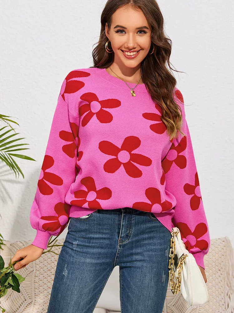 

Hot Casual Crew Neck Pullover Sweater Women 2023 Winter New Warm Floral Print Sweater Women Sweater 060