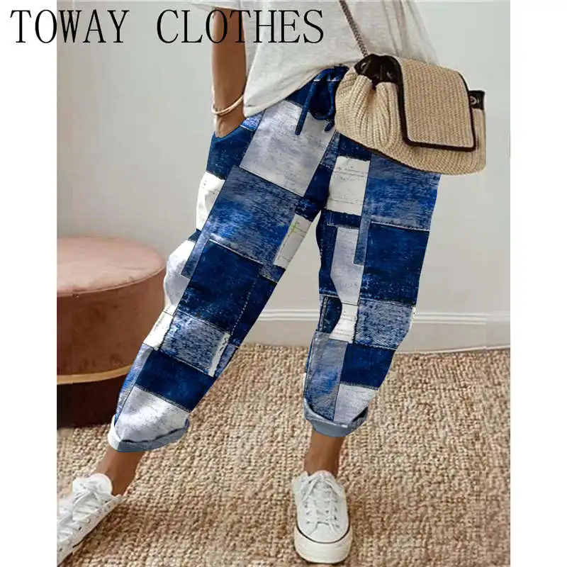 

Fashion Denim Look Print High Waist Cuffed Work Pocket Design Pants Women Casual High Waist Skinny Bottoms Office Pants