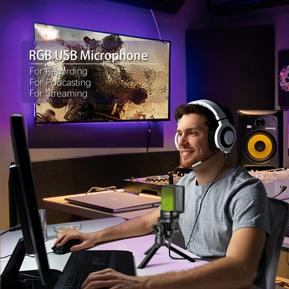 Usb Gaming Microphone, Rgb Computer Mic For Recording Streaming, Podcast,  , Twitch, Zoom Meeting