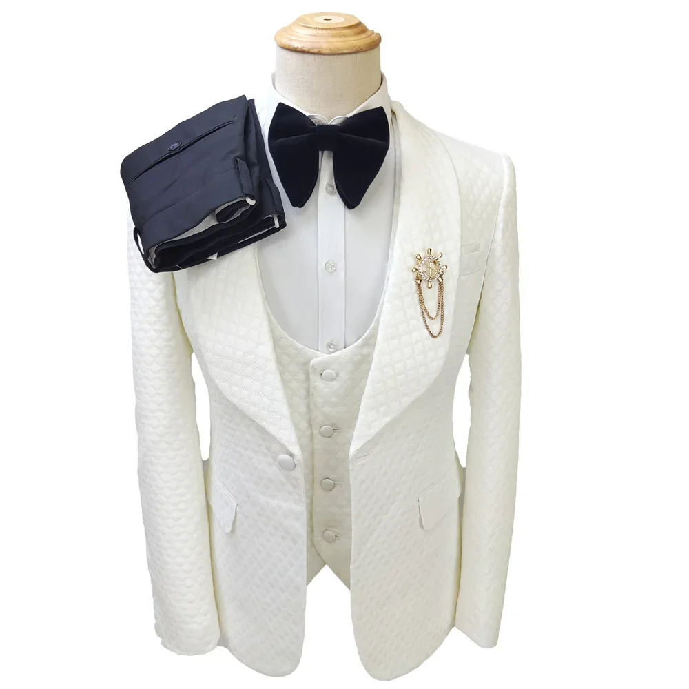 2023 White Checked Men's Suit 3-piece Best Man Wedding Suit Suits for Men  Men Clothing
