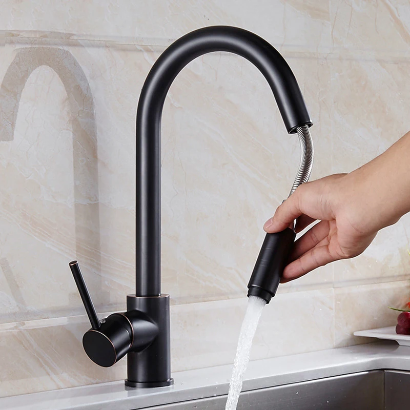 

Kitchen Pull Out Faucets Black Gold Chrome Polished Brass Kitchen Sink Hot And Cold MixerTap 360 Degree Kitchen Faucets