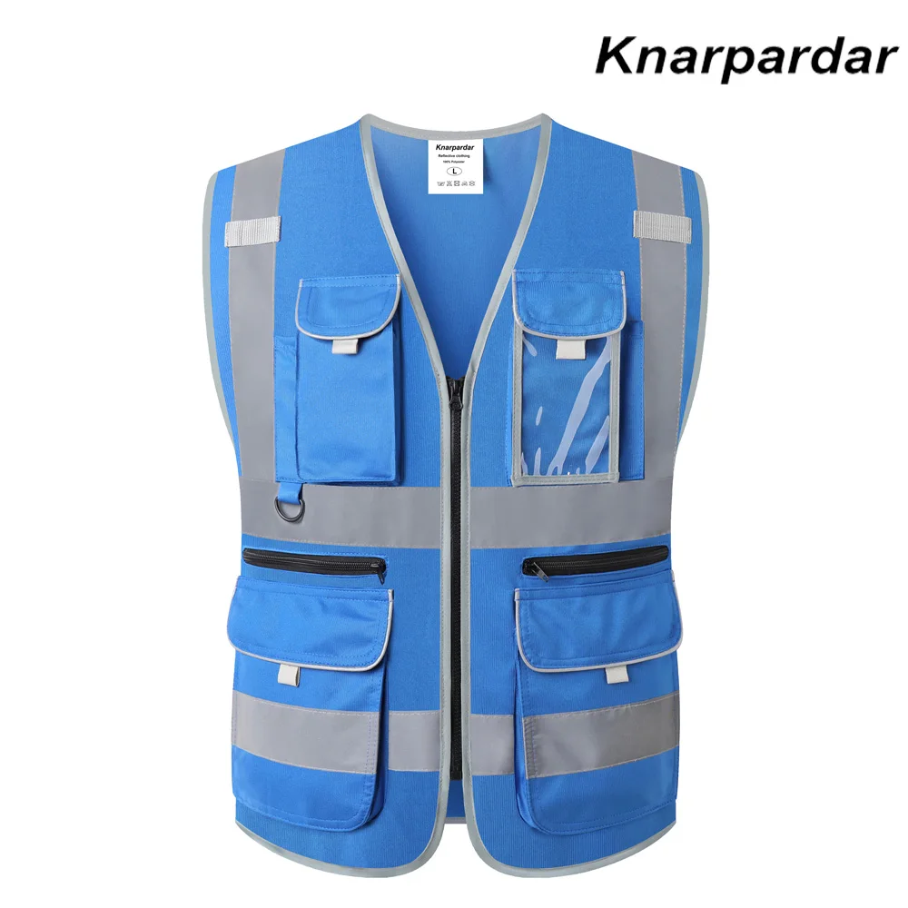 Knarpardar 9 멀티 포켓 블랙 안전 조끼 포켓과 지퍼가 있는 반사 건설 남성용 반사 작업 조끼