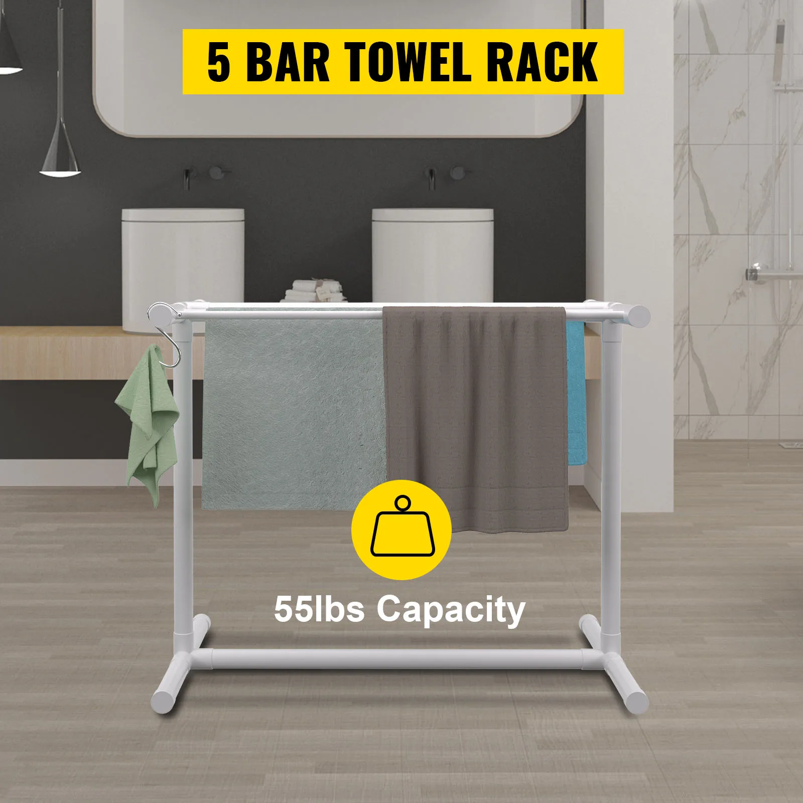 VEVOR 5 Bar Pool Towel Rack PVC T-shape White/Brown Freestanding Outdoor Poolside Storage Organizer W/ Stores Floats & Paddles