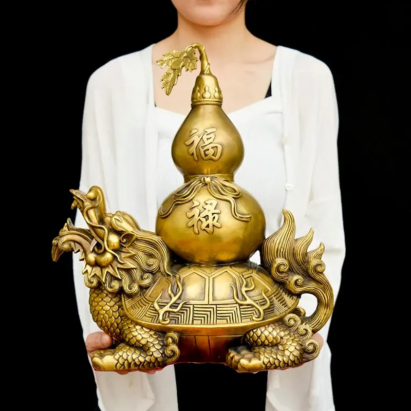 

large GOOD LUCK FU LU SHOU Dragon turtle Auspicious COPPER ornament living room Company Decorative ART ZHAO CAI fortune Statue