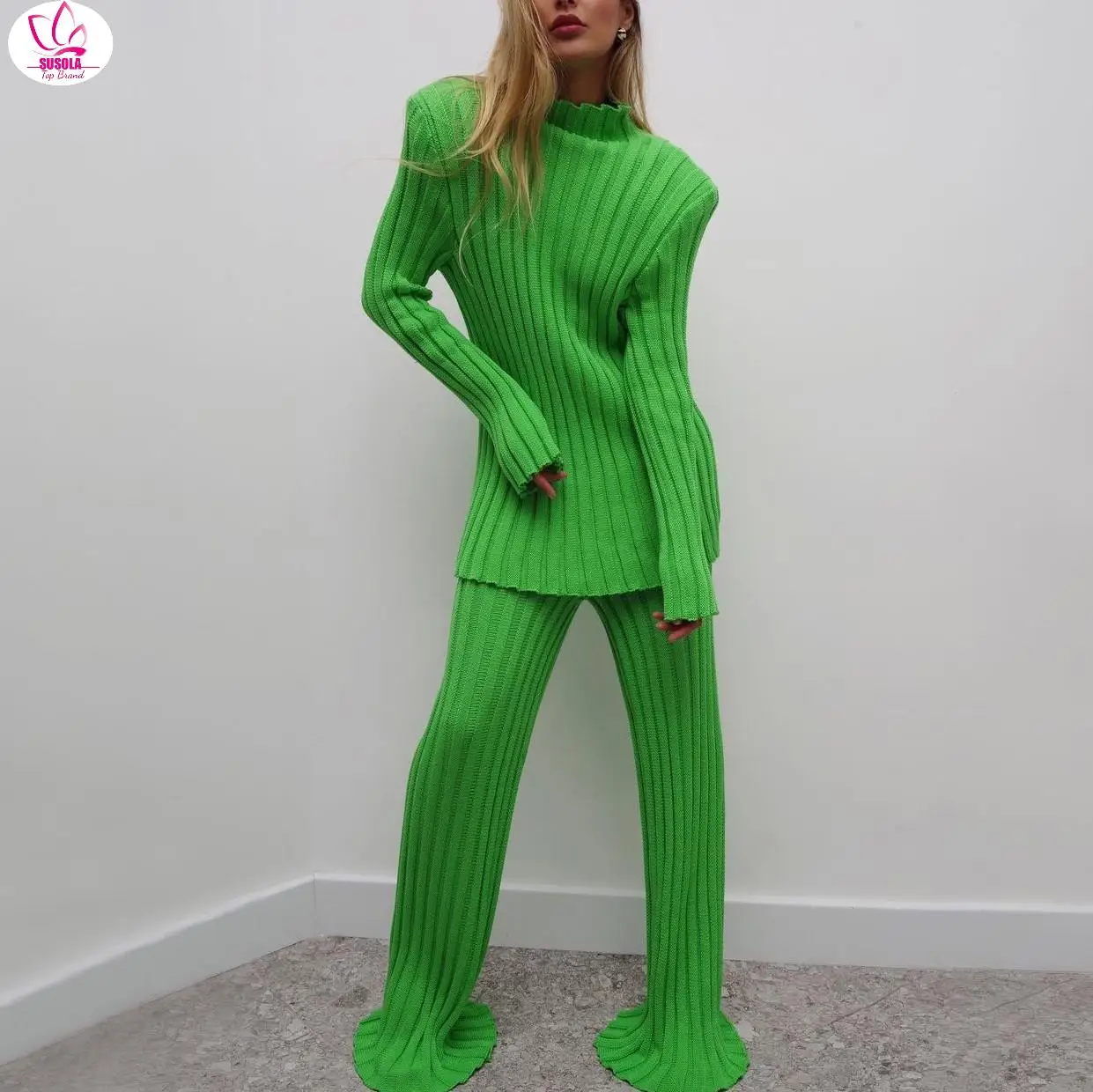 

2024 Autumn Winter Long Sleeve Sweater Top Green And Pants Knitted Casual Women Two Piece Set Khaki Fashion Suit