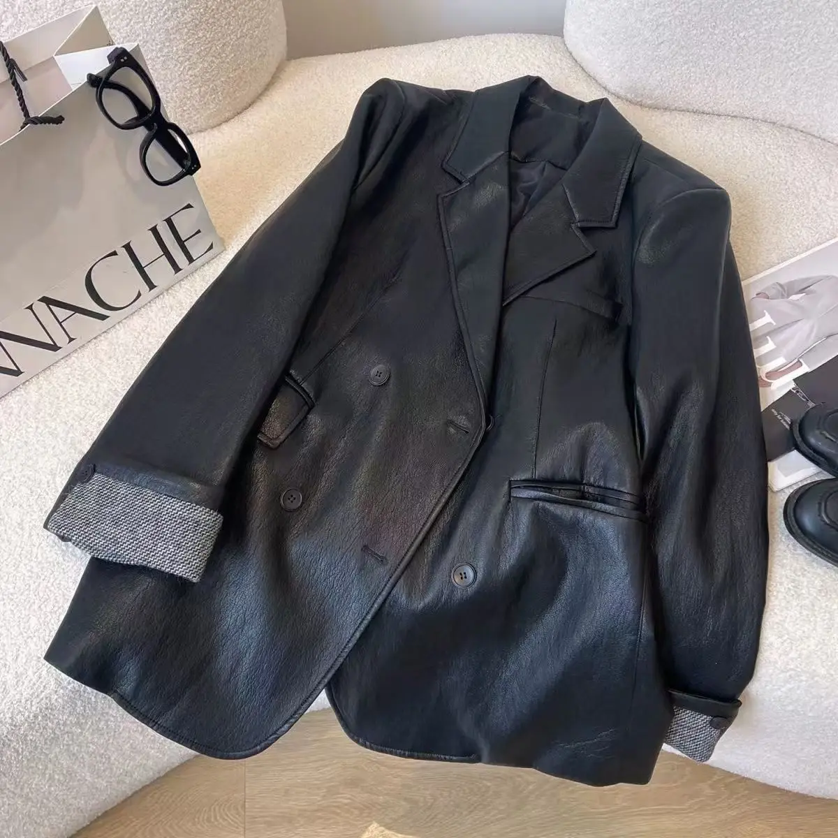 Women Faux Leather Suit Coats Solid Jacket Turn Down Collar Long Sleeve Double Breasted Loose Fit Office Lady Casual 2026 Autumn