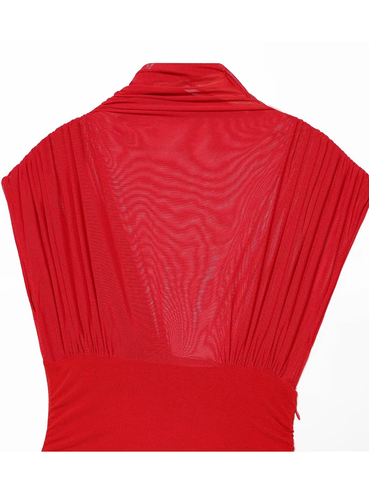 Women's Dress 2025 New Red Sleeveless Mesh Patchwork Pleated Decorative Slim Fit Mini Dresses Elegant and Fashionable Dress