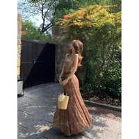 Retro Plaid Sleeveless Vest Dress Women Summer Elegant Slim Long A- Line Skirt Dress High Collar Ankle-Length Gown