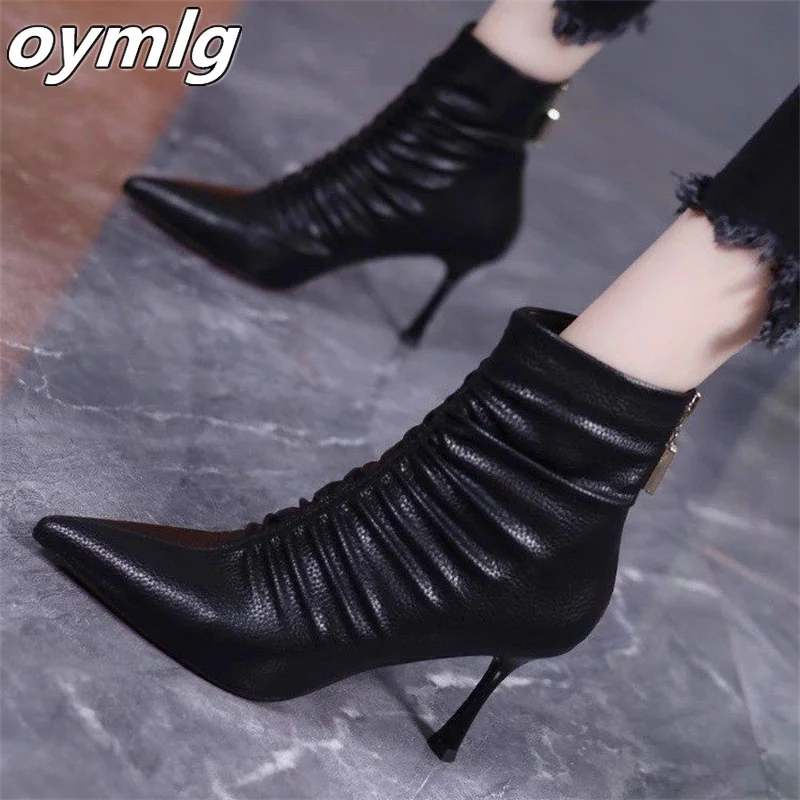 2023 Autumn and Winter New Fashion Pointed Back Zipper High Heel Short Boots Thin Heel Fashion Women's Boots high heels