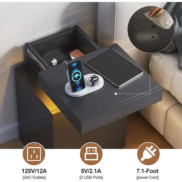 Black LED Nightstand with Charging Port and Storage, Modern Bedroom Side Tables with USB, Living Room End Tables Set of 2, 17.7 4