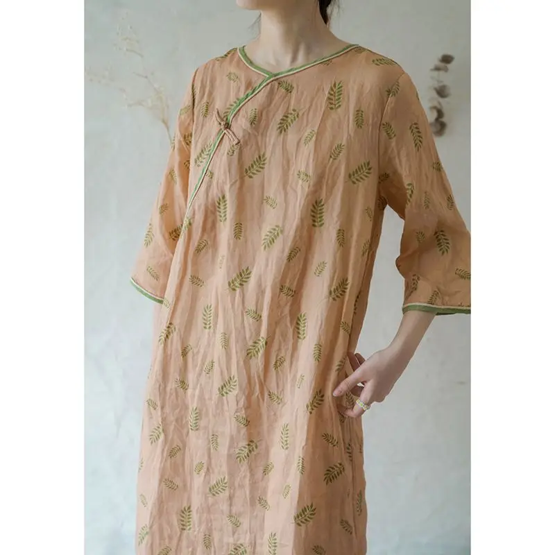 

Cotton Linen Dress Womens Spring Summer Thin Vintage Literary Temperament Flowers Loose Mid-sleeve Ramie Cheongsam Tea Dress