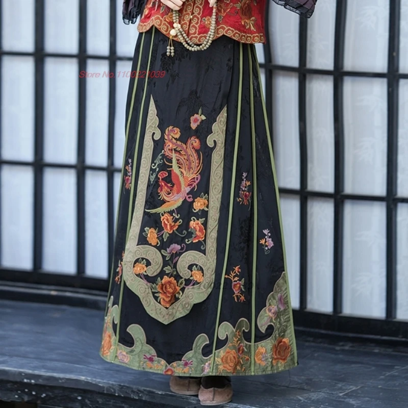 chinese satin jacquard skirt national flower embroidery ethnic skirt oriental improved a-line elastic waist folk