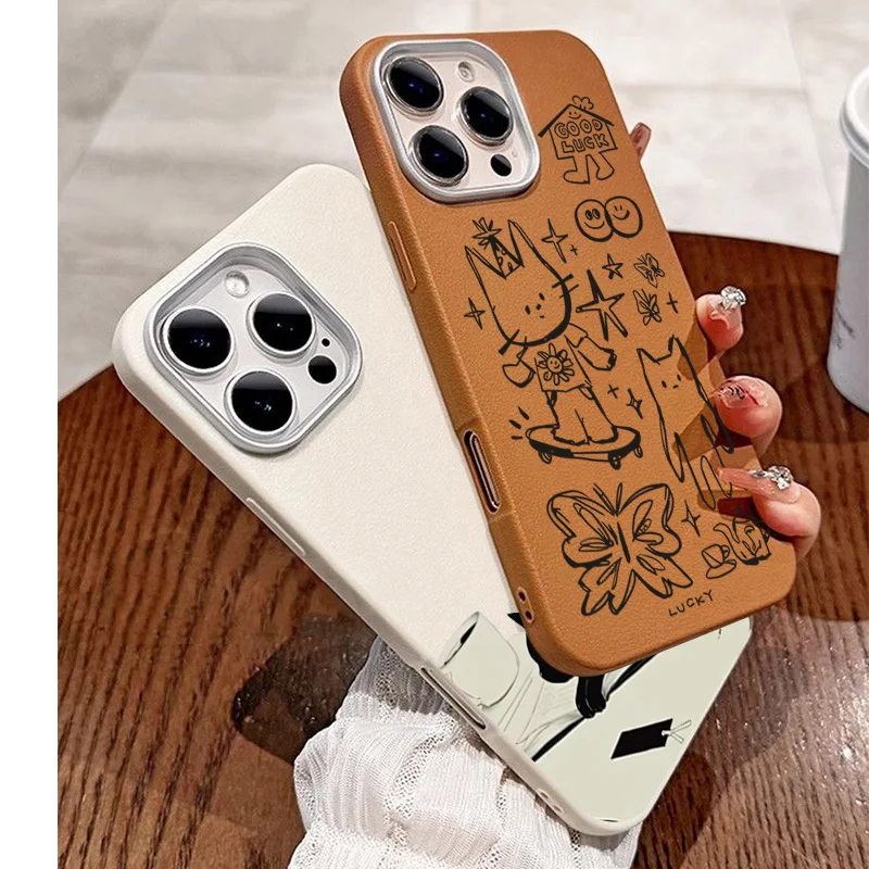 Cartoon Cat Lichee Leather Shockproof Phone Case with TPU Cover
