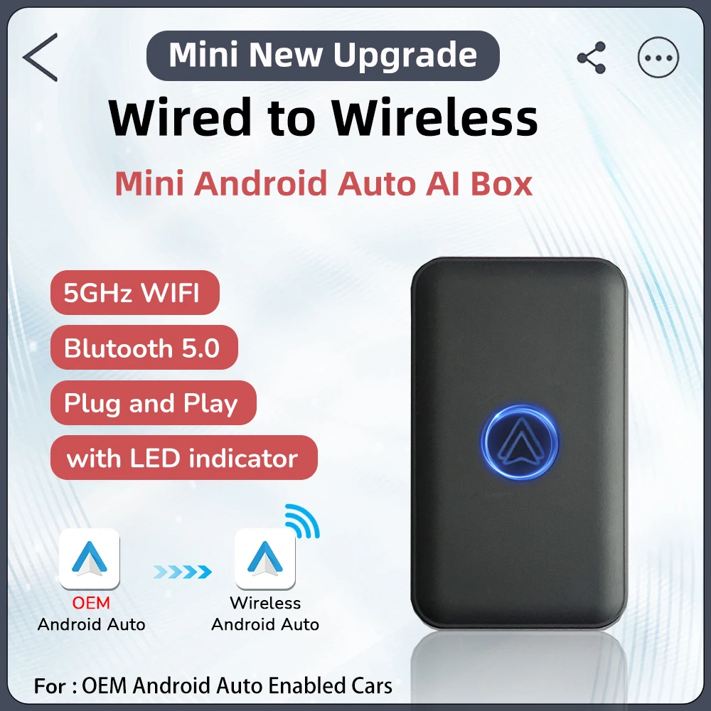 

Mini LED Upgrade Wired to Wireless Android Auto AI box for Wired Android Auto Car Smart Ai Box Bluetooth WiFi Auto connect Map
