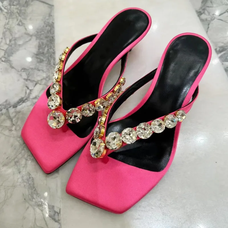 Pinch Toe High Heel Slippers for Women's Diamond Herringbone Slippers with Thin Heels and Square Toe Sandals for External Wear