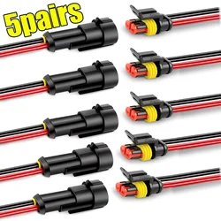 Durable Waterproof Auto Electrical Connectors Plug with Wire for Various Vehicles and Marine Accessories (Red 5pairs)