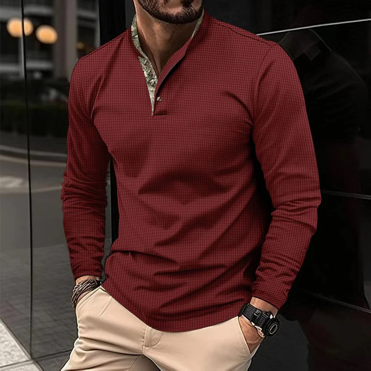 New casual men spring and autumn chest pocket sports long sleeve lapel T-shirt European size long sleeve Polo shirt