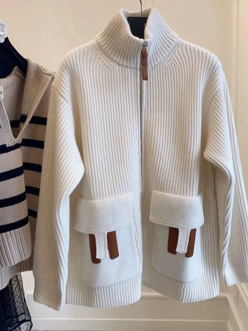 

French Fragrance High Neck Thick Sweater Women Premium Korean Zipper Leather Button Straight Knit Loose Winter Female Solid Coat