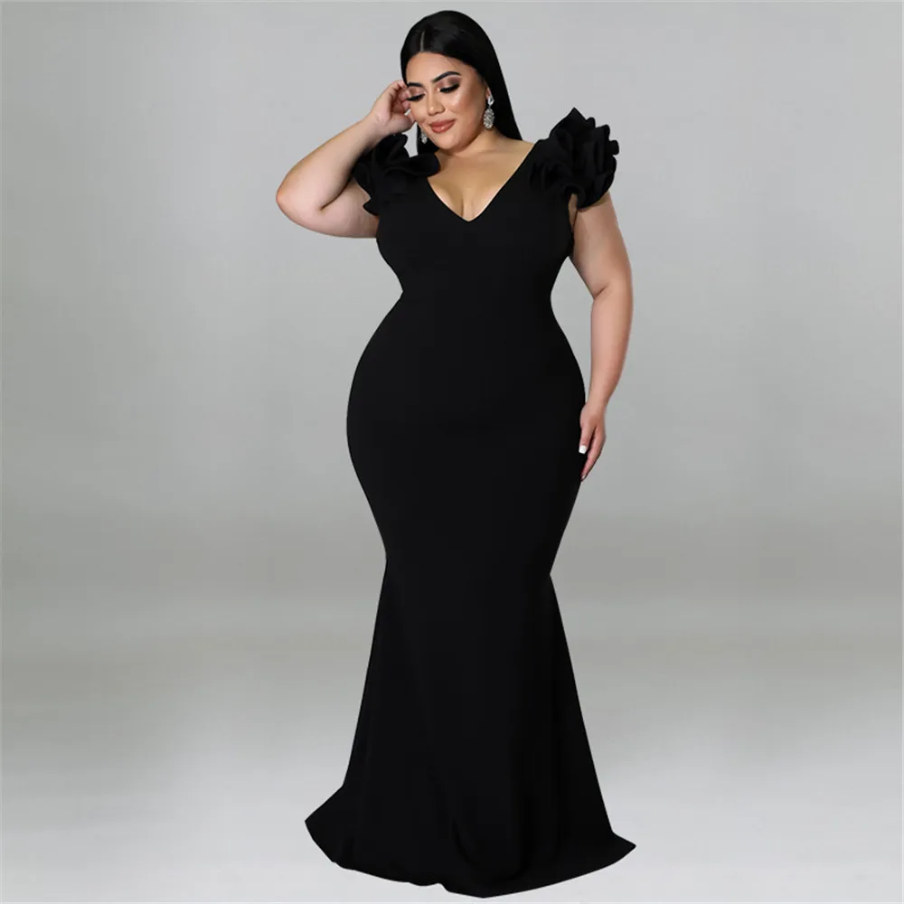 Wmstar Plus Size Dress Women Party Slip Hem Ruffle Sleeve Sexy Elegant Maxi Dresses Birthday Club Outfits Wholesale Dropshipping