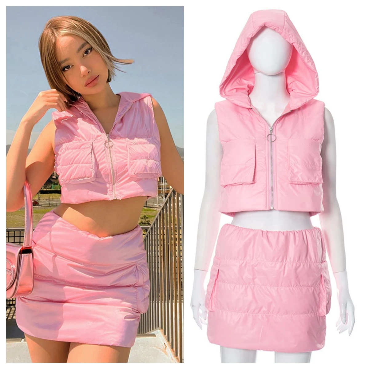 Bubble Pink Vest 2 Piece Skirt Sets Winter Outfit 2023 Y2K Streetwear Clothes Cropped Puffer Jackets Coats Two Piece Set