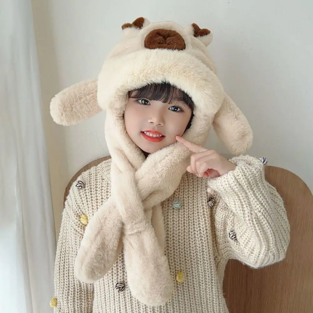 Creative Kids Ear Protection Hat Funny Movable Ears Kids Winter Warm Hat Pullover Windproof Plush Hat Scarf Set Winter Season