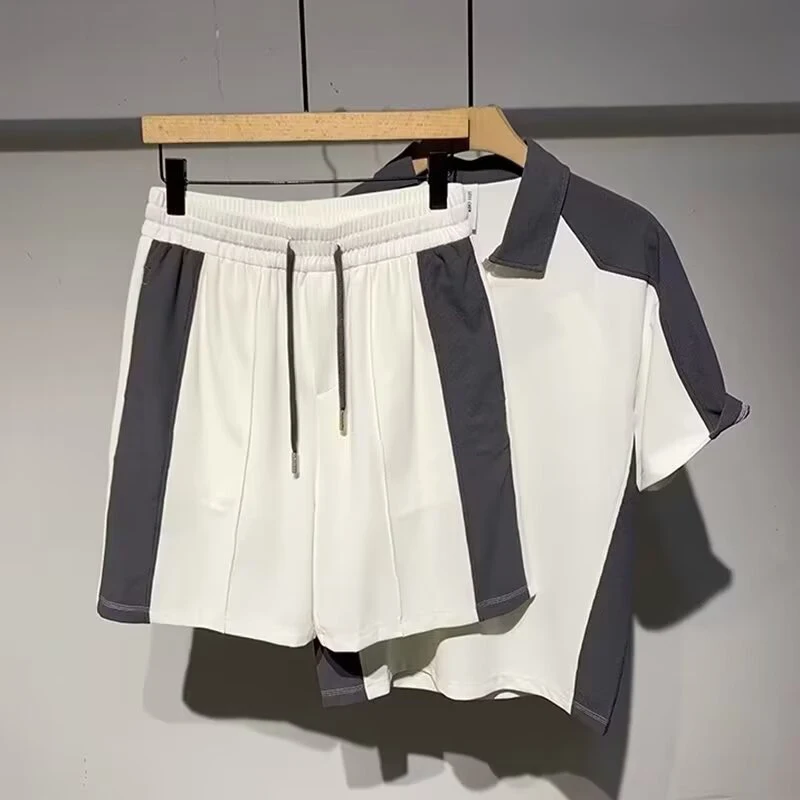 

Костюм мужской повседневный из 2 предметов, рубашка поло на молнии с коротким рукавом и шорты, в стиле пэчворк, летняя дышащая одежда свободного покроя