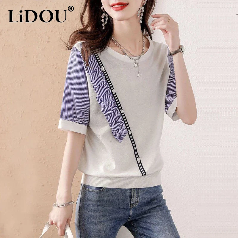 

Summer New Striped Patchwork Ruffles Casual T-shirt Women Short Sleeve All-match Knitting Tee Female Loose Fashion Pullover Tops