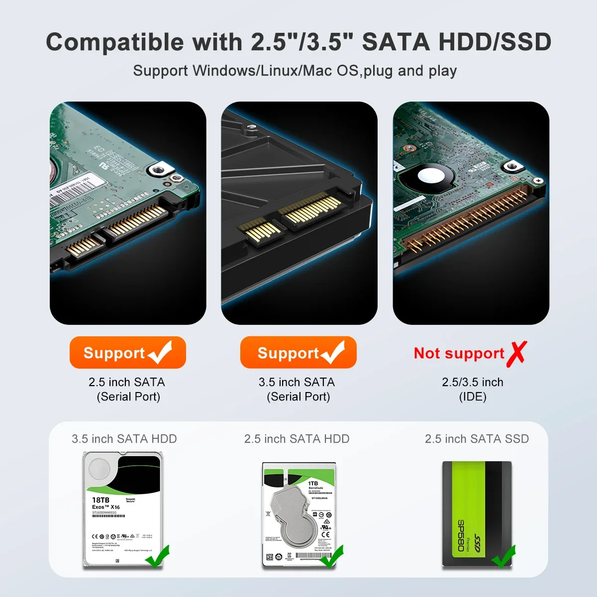 MAIWO PC ̽  ϵ ̺ Ŭ, ˷̴  , USB3.2 Gen 2 Ÿ C Ŭ, 2.5 ġ, 3.5 ġ SATA HDD, SSD ̽