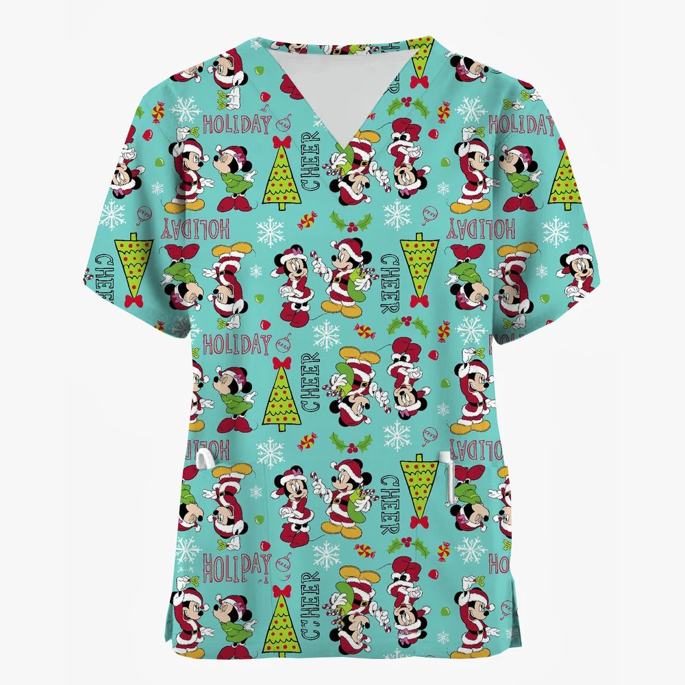 Women Care Nurse Uniform T-Shirt Disney Mickey Mouse Minnie print Christmas Printed Short Sleeve Holiday Pattern Workwear Blous