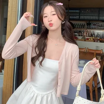 Knitwears V-Neck White Sunscreen Knitted Sweater Women Cardigans New Long Sleeve Knit Sweater Cardigan Women Tops Sweaters Q3584 1