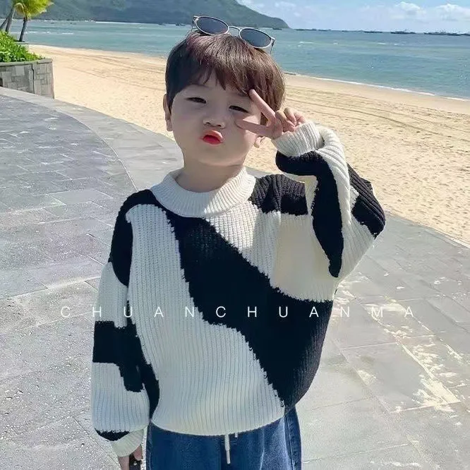 

Sweater Autumn Winter Season Boys Korean Handsome Thickening Baby New Children Clothing Knitwear Round Collar Striped