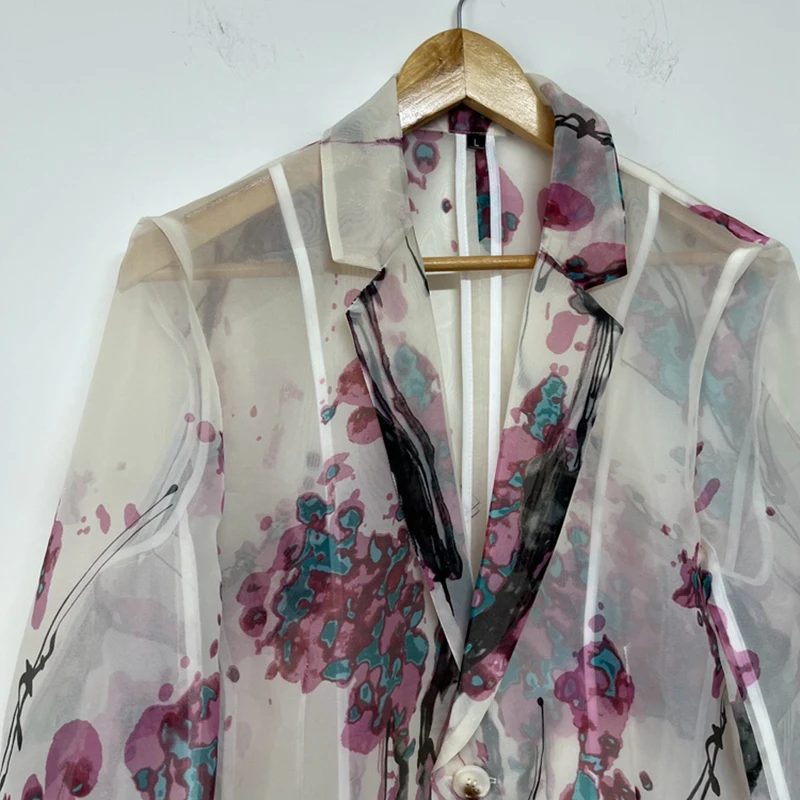 Men Blazers Men's Elegant Plum Blossom Printing Suit Coat Perspective Organza Designer China-Chic Autumn Blazers Coat 21Z2118