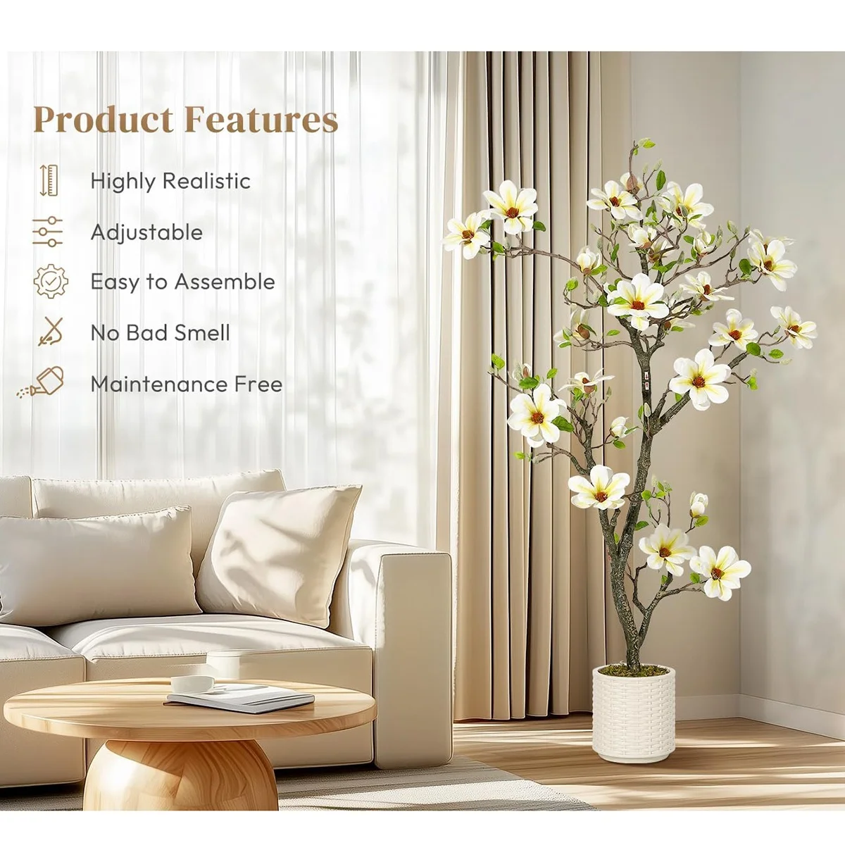 120 cm/150 cm/180 cm hoher künstlicher Magnolienbaum, künstliche Magnolienpflanze, künstliche Blumenbäume, künstliche Pflanzen für die Dekoration zu Hause und im Büro – Detail 15