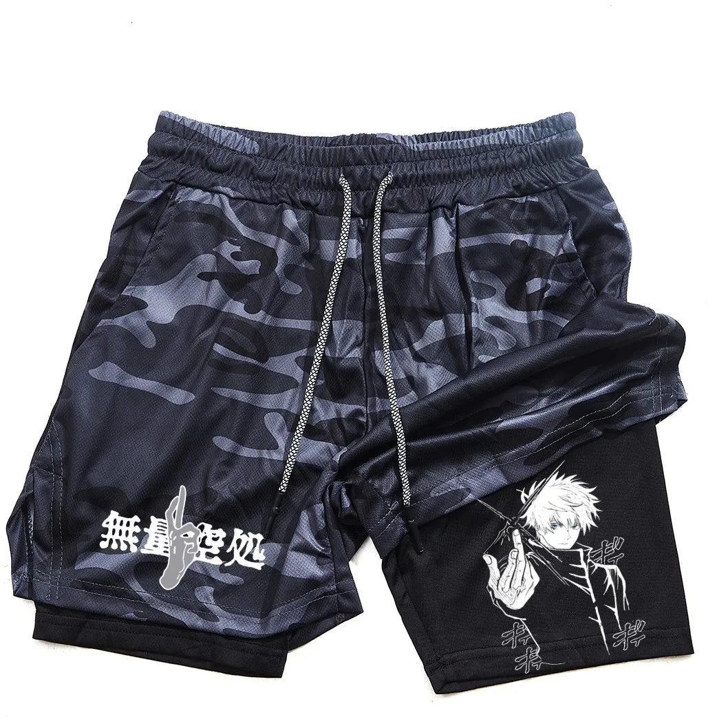 Pantalones cortos de compresión de Anime para hombre, ropa deportiva de verano, 2 en 1, entrenamiento, Fitness 4
