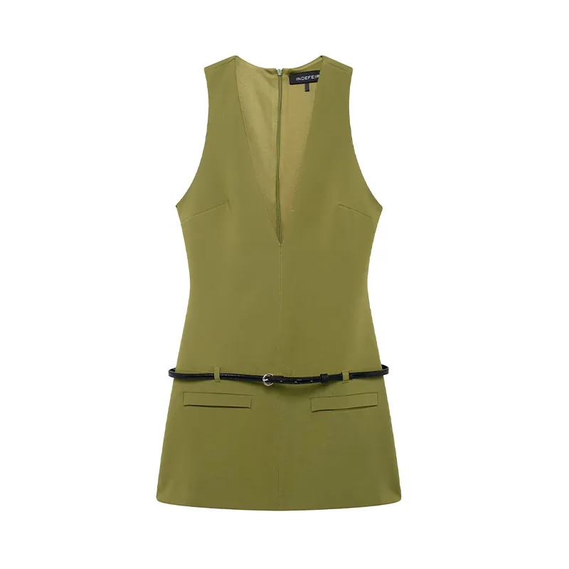 thumbnail image 1 of HH TRAF 2024 Vestido mini sexy de calle de moda femenina verde con escote en V sin mangas con cinturón y cremallera decorativa Vestidos de verano para mujer de moda, 1 of 5