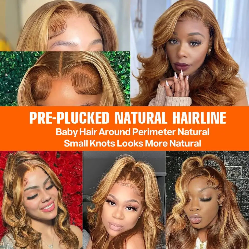 34 Inch Honey Blonde Ombre 13x4 Lace Front Wigs Human Hair Pre Plucked with Baby Hair 250% Density 4/27 Highlight Colored 3