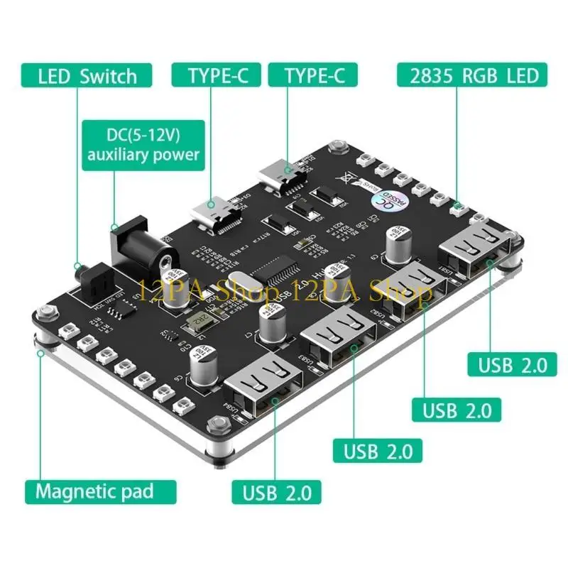 12PA 4 포트 USB 2.0 허브 노트북 마우스 키보드용 다채로운 LED 보조 전원