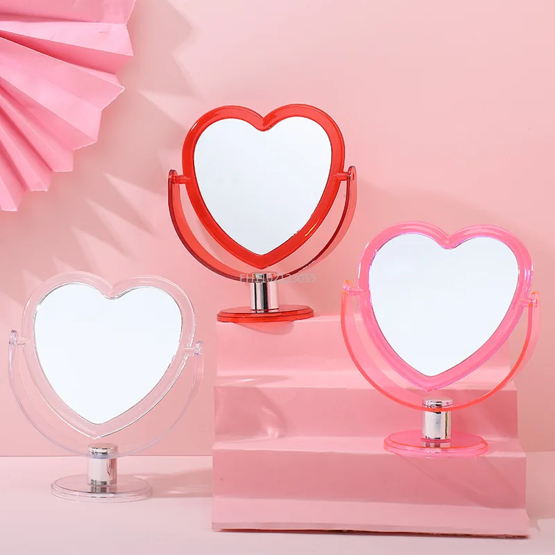 INS Korean Style Heart Shaped Cosmetic Mirror Acrylic Transparent Base Makeup Mirror Double Side Home Bedroom Desktop